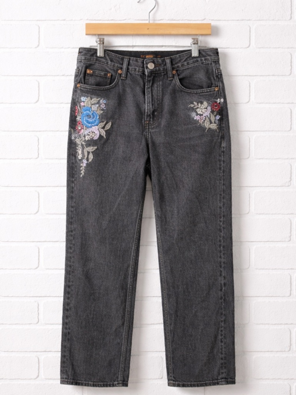 Abercrombie High Rise 90s Relaxed Jeans Black Floral Embroidered Straight Leg 27